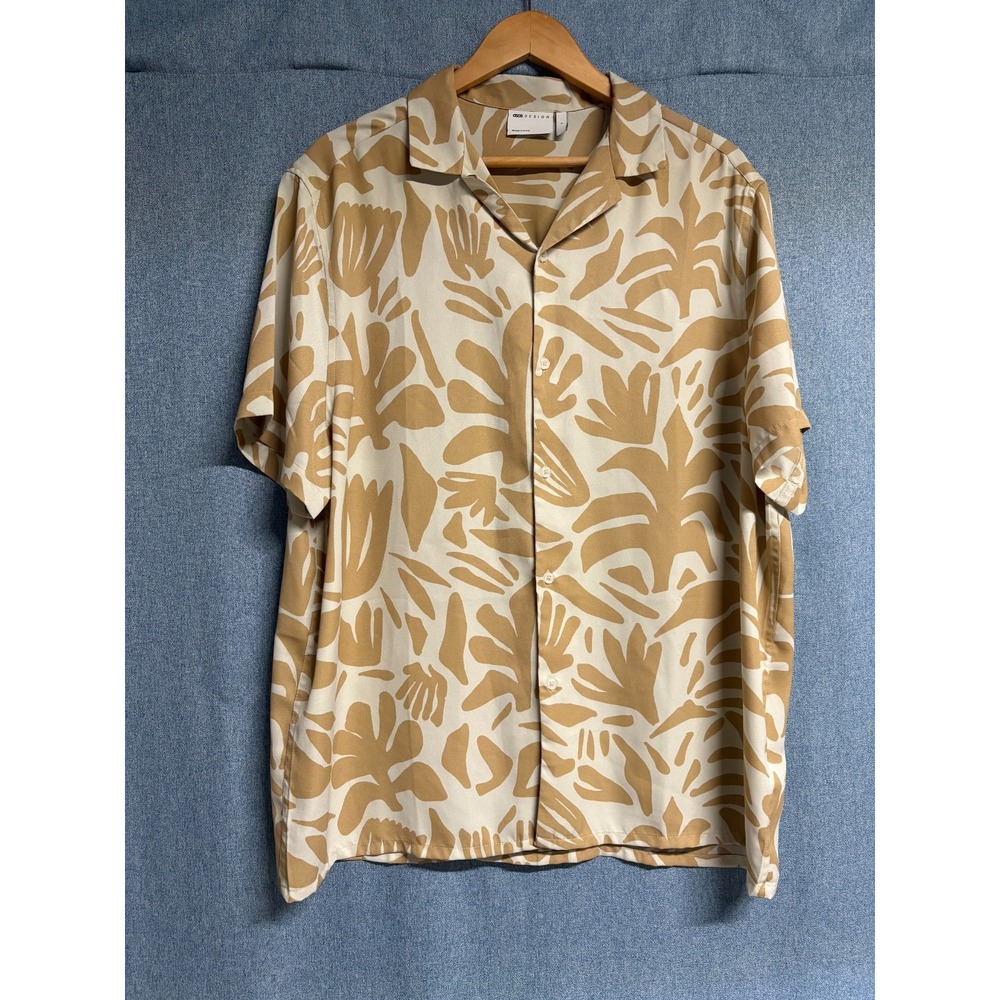 ASOS DESIGN Men's Large L Tan Beige Button Up Shirt Short Sleeve Trendy‎ Chic